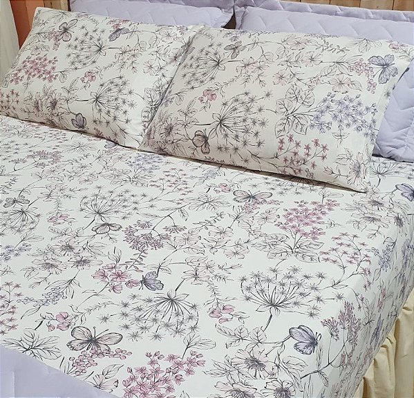 LENÇOL QUEEN DE MALHA 03 PEÇAS ESTAMPADO FLORAL LILÁS