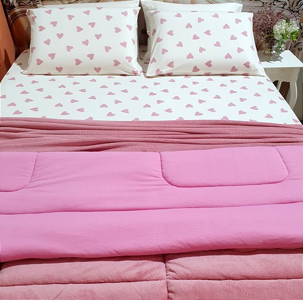 LENÇOL CASAL PADRÃO DE MALHA 03 PEÇAS ESTAMPA CORAÇÃO ROSÉ