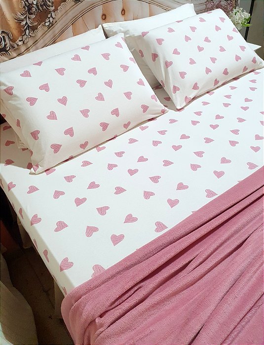 LENÇOL CASAL ESPECIAL DE MALHA 03 PEÇAS ESTAMPADO CORAÇÃO ROSÉ