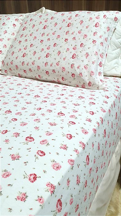 LENÇOL QUEEN DE MALHA 03 PEÇAS ESTAMPA MINI ROSAS