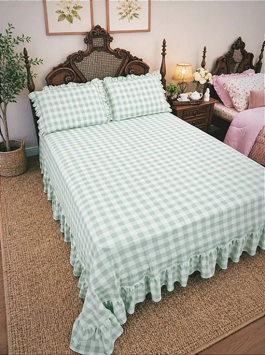 JOGO DE LENÇOL KING FARM HOUSE 04 PEÇAS MALHA ESTAMPADA XADREZ VERDE
