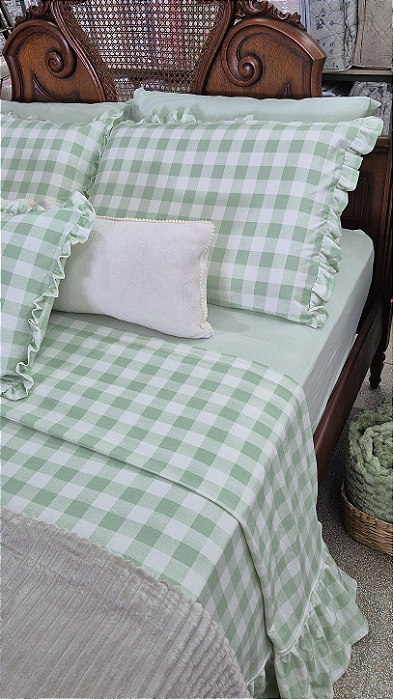 JOGO DE LENÇOL CASAL PADRÃO FARM HOUSE 04 PEÇAS MALHA ESTAMPADA XADREZ VERDE (Marca Bordados Silva)