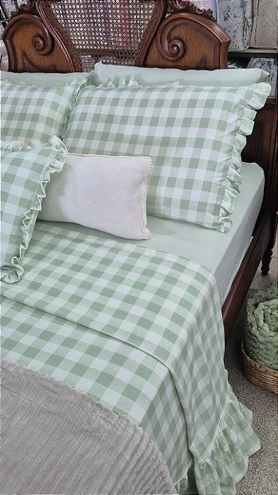 JOGO DE LENÇOL CASAL ESPECIAL FARM HOUSE 04 PEÇAS MALHA ESTAMPADA XADREZ VERDE (Marca Bordados Silva)