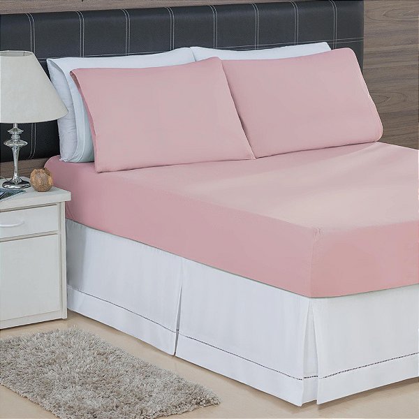 LENÇOL CASAL PADRÃO DE MALHA 03 PEÇAS ROSA CHÁ