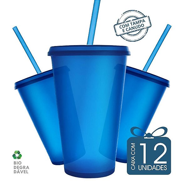 12 Copos Ecológico Biodegradável 550 ml Azul Translúcido Com Tampa e Canudo