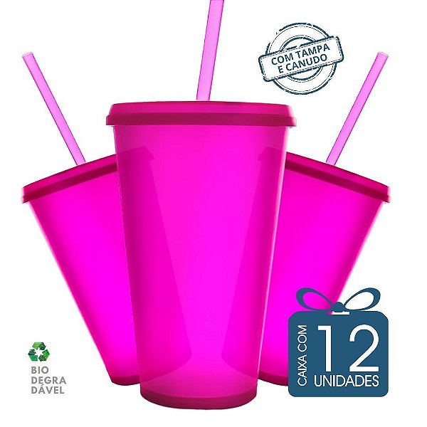 12 Copos Ecológico Biodegradável 550 ml Rosa Neon com Tampa e Canudo
