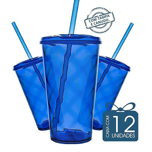 12 Copos Twister 500 ml Azul translucido com tampa e canudo