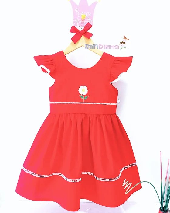 Vestido Infantil Vermelho Bordado-Sob Encomenda
