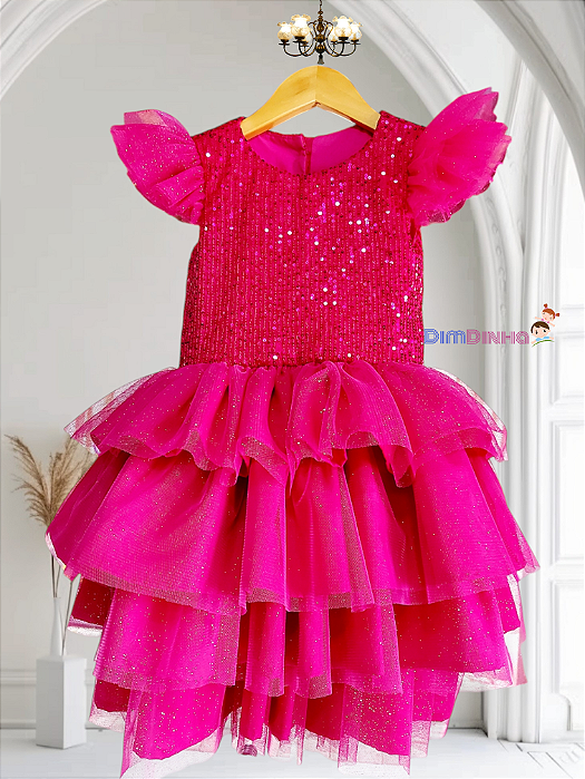 Vestido Infantil Festa Pink Paetês