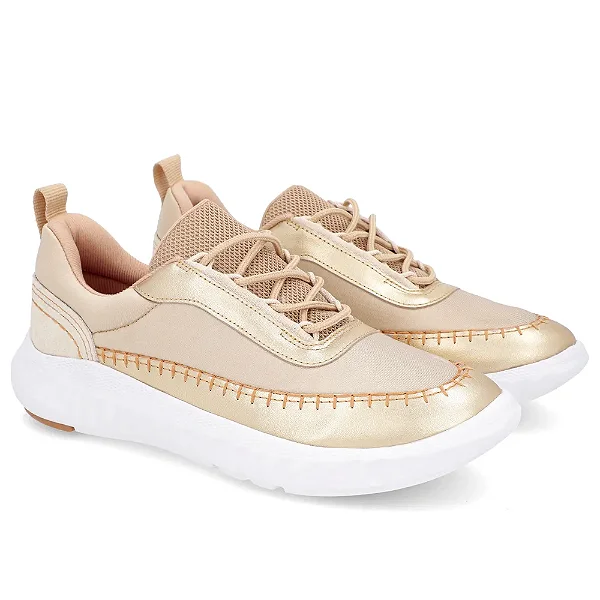 Tênis Ortopédico Dourado Elastano Detalhe Costura com cadarço Usaflex