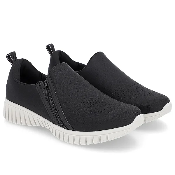 Tênis  Ortopédico Slip On Preto Elastano Zíper Usaflex