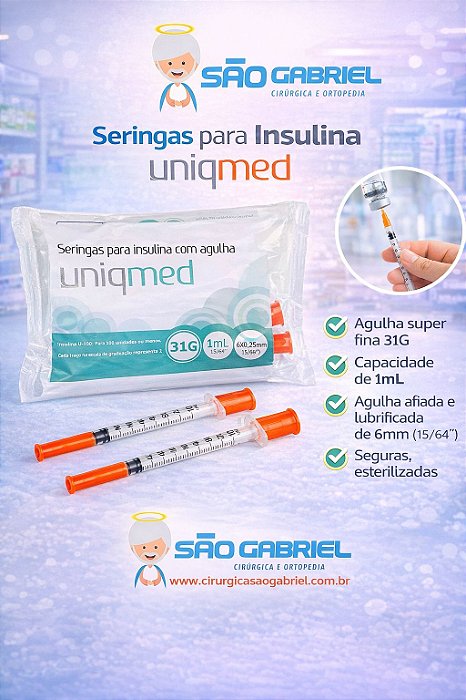 Seringas para Insulina 1mL Agulha 6mmx0.25mm pct c/10unid.