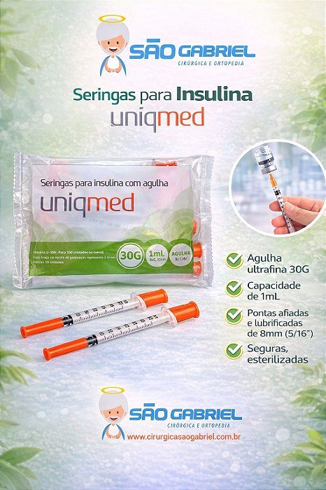 Seringas para Insulina 1mL Agulha 8mmx0.30mm pct c/10unid.