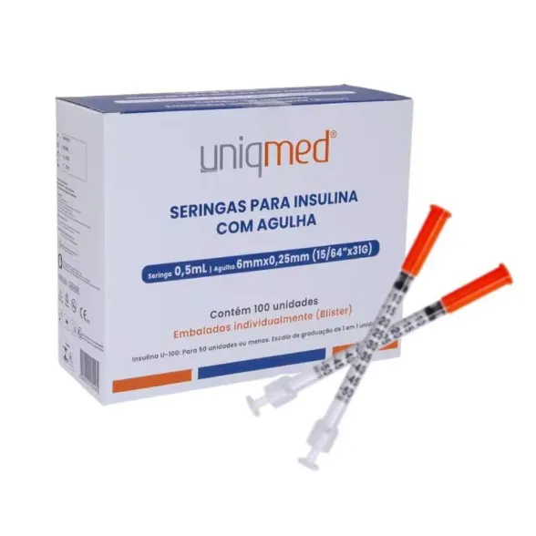 Seringa para Insulina 0,5mL (50UI) Agulha 6x0,25mm 31G Caixa com 100unid