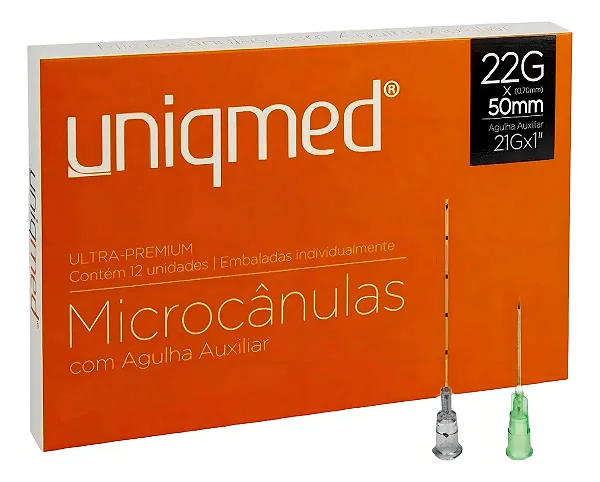 Microcânulas Uniqmed 22Gx50mm com Agulha Auxiliar Caixa 12 Unidades
