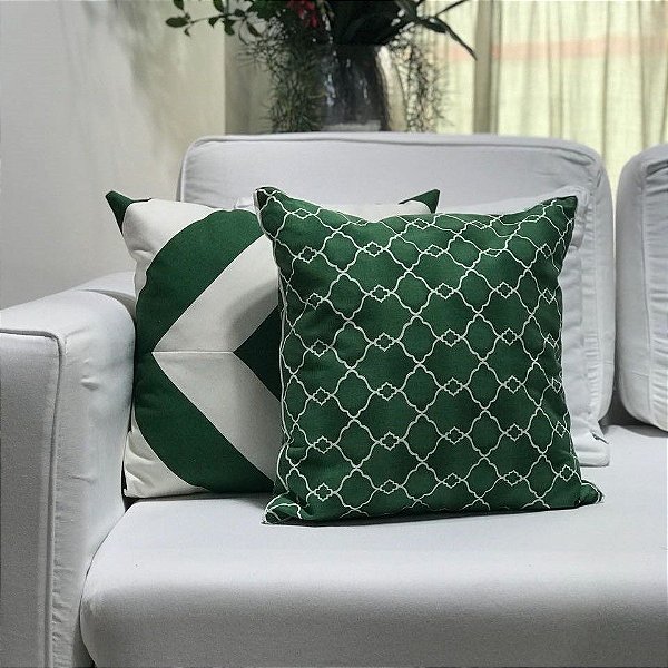 Almofada sarja geométrica verde e branco