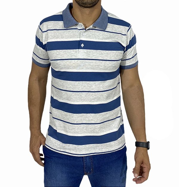 Camiseta Polo Listrada de Azul. Branco e Mescla