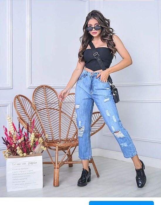 CALÇA MOM CROPPED FEMININA DESTROYER ADHERENCIA