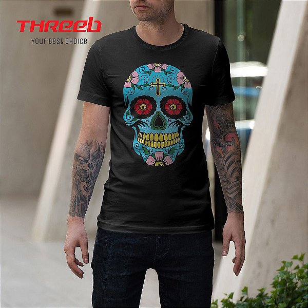 Camiseta Masculina Threeb Caveira Mexicana Colorida - Threeb