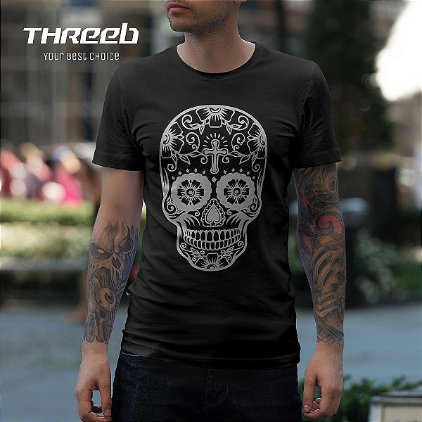 Camiseta Threeb Preta Caveira Mexicana Branca