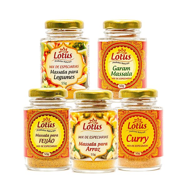 Kit 5 Temperos Indianos Lotus - Arroz, Feijão, Legumes, Garam e Curry