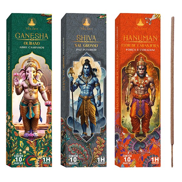 Kit Incenso Vila Zen 3 Aromas Deuses Shiva Ganesha Hanuman