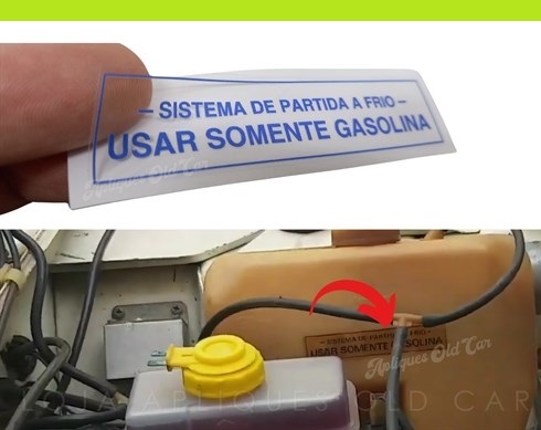 ADESIVO SISTEMA PARTIDA A FRIO USAR SOMENTE GASOLINA / RESERVATÓRIO CORCEL 2, DELREY, BELINA, ESCORT