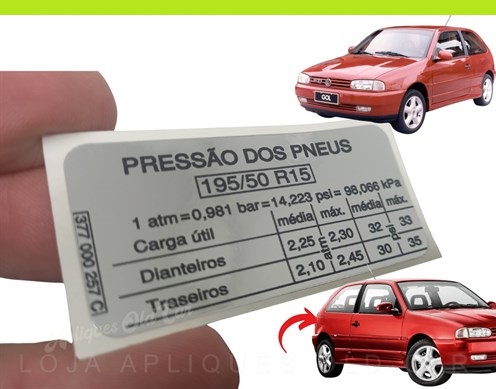 ADESIVO PRESSÃO E MEDIDA DOS PNEUS GOL GTI 16V. G2 / MEDIDA DOS PNEUS ANO 15