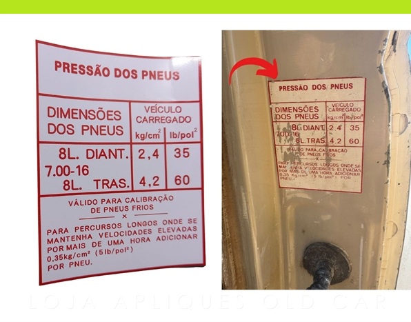 ADESIVO D20 PRESSÃO E DIMENSÕES DOS PNEUS / LINHA 84 A 89 PERKINS / MODELO BRANCO BORDA VERMELHA