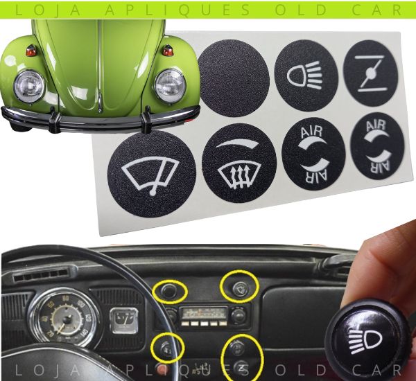 ADESIVOS BOTÕES INTERRUPTORES PAINEL FUSCA 70 A 80 / KIT GRAFIA PADRÃO ORIGINAL / BRILHO OU FOSCO