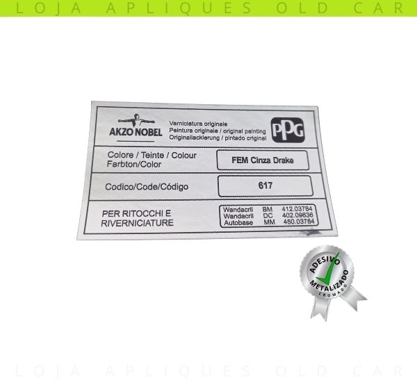 ADESIVO CINZA DRAKE PPG / COR PINTURA LINHA FIAT / SELO DA LATARIA