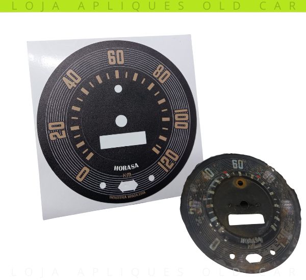 ADESIVO VELOCÍMETRO PAINEL FUSCA 50 A 66 / APLIQUE MODELO HORASA 120KM / PRETO-BEJE