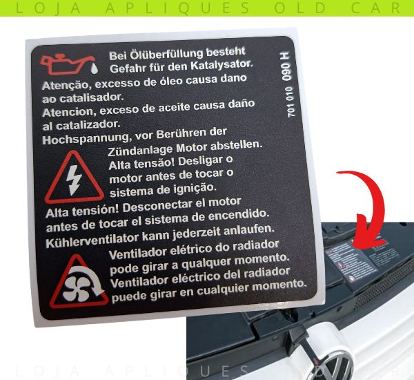 ADESIVO FRENTE GOLF 2000 A 2007 / SELO INFORMATIVO ÓLEO, ALTA TENSÃO E VENTILADOR ELÉTRICO