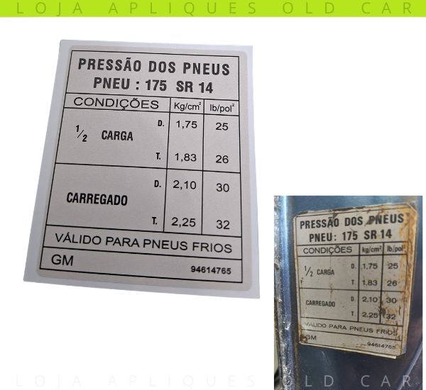 ADESIVO PRESSÃO PNEUS OPALA, CARAVAN  SL, STANDARD / MEDIDA 175 SR 14 ETIQUETA IDENTIFICAÇÃO 94614765