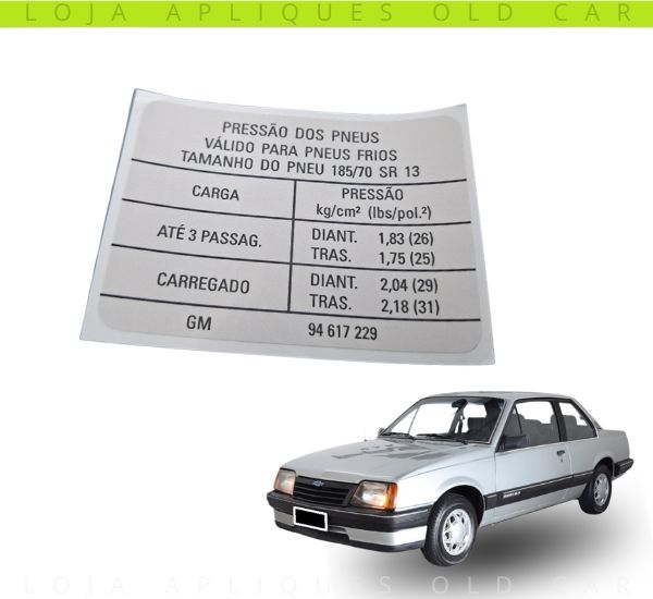 ADESIVO PRESSÃO DOS PNEUS MONZA 83 A 90 / ADESIVO MEDIDA DOS PNEUS / SELO VÃO DE PORTA