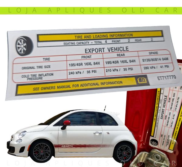 ADESIVO MEDIDA PNEUS FIAT 500 VERSÃO ESPECIAL ABARTH / PNEUS MEDIDA 195/45R 16XL / SELO VÃO DE PORTA