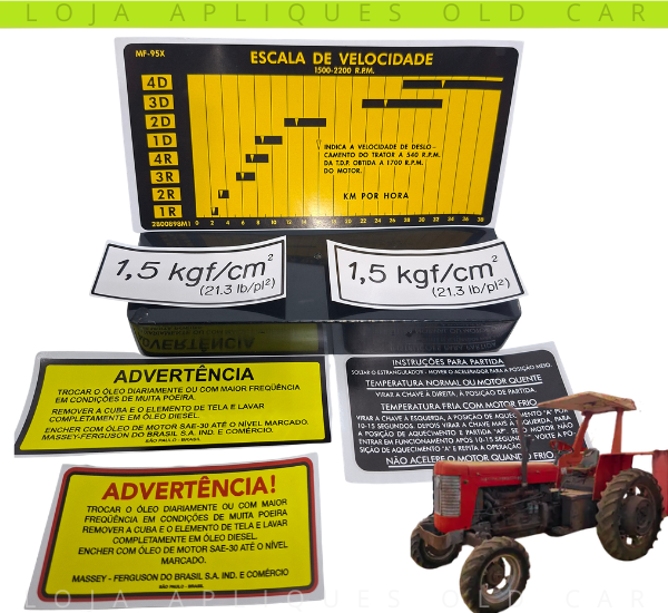 ADESIVOS TRATOR MASSEY FERGUSON 95X / KIT 6 SELOS INFORMATIVOS / CABINE, PAINEL, RODA E FILTRO