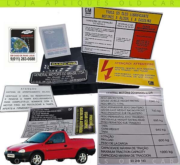 ADESIVOS PICK-UP CORSA 96 a 99 / KIT SELOS INFORMATIVOS / COFRE, FRENTE, VÃO DE PORTA, PORTINHOLA TANQUE E VIDRO VIGIA
