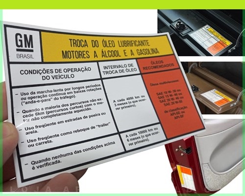 Adesivo Troca de Óleo Lubrificante Motores a Álcool e a Gasolina /  Linha Gm