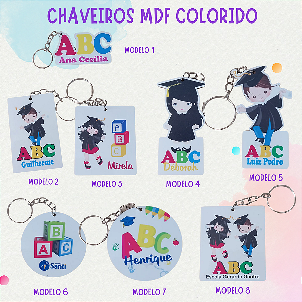 20 Chaveiros Coloridos Em MDF - Personalizado ABC , 9º Ano , Aniversário Infantil/Adulto