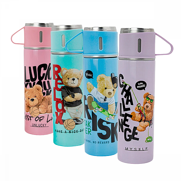 Garrafa Térmica Inox 500 ml com 3 Xícaras Estampa Urso GDR1015