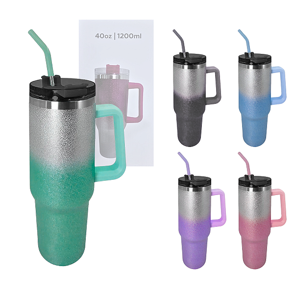 Garrafa Térmica Glitter Degradê 1200 ml Aço Inox com Alça, Tampa e Canudo T&Z TZ-008