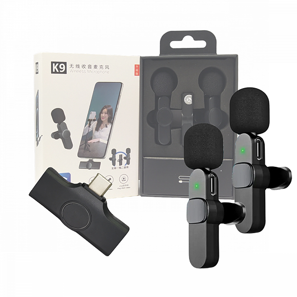Microfone Condensador Duplo de Lapela Wireless TIPO C sem Fio 2.4GHZ K9-TC-2IN1