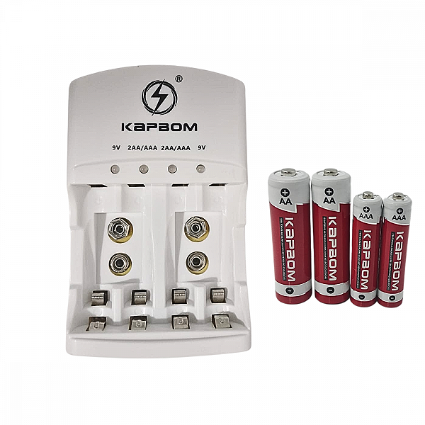 Carregador de Pilhas com LED + 02 Pilhas AAA + 02 Pilhas AA Recarregáveis Kapbom KA-1368