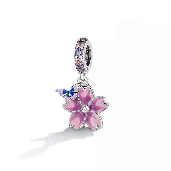 Berloque Pendente flor rosa com borboleta Prata 925 legitima