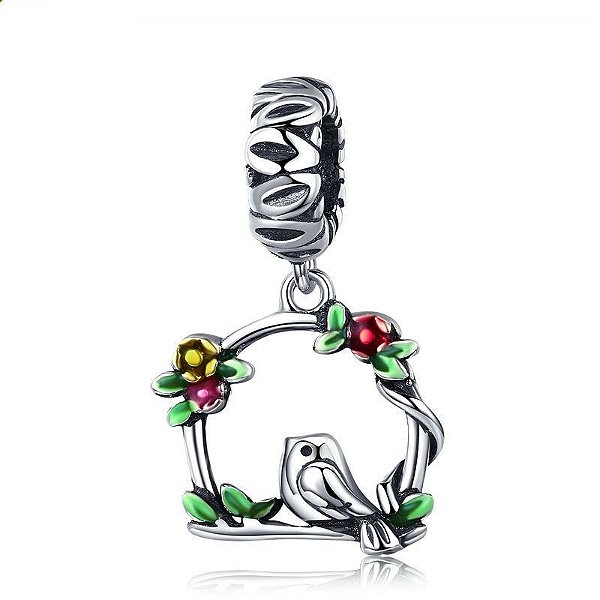 Berloque Pendente Pássaro Floral Prata 925 legitima