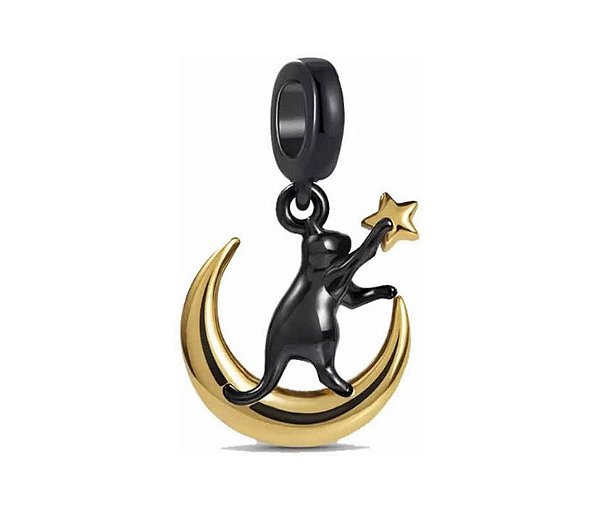Berloque Gato E Lua Rodio Negro Prata 925 Legitima Eternal