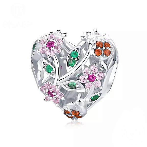 Berloque coracao floral Prata 925 legitima Eternal joias