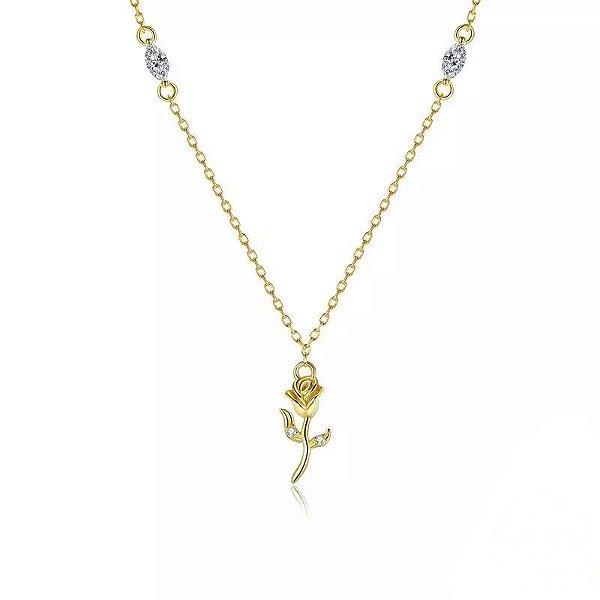 Colar Botao De Rosa Dourado Em Prata De Lei 925