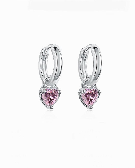 Brinco argolinha coracao rosa claro prata 925 legtima